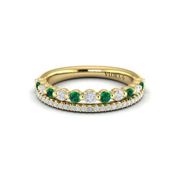 Adella Diamond and Emerald Two Row Ring in 18K Yellow Gold