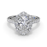 18K White Gold Oval Diamond Graduated Halo Semi-Mount Engagement Ring
