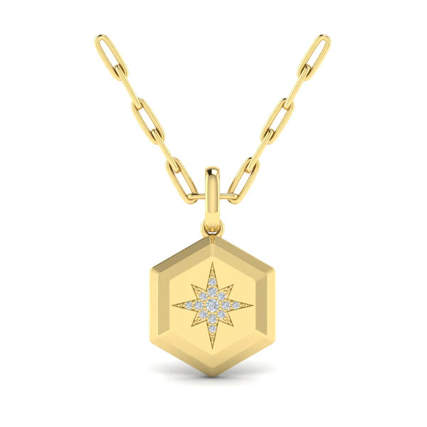 Amuleta Center Starburst Diamond Hexagon Pendant Necklace in 18K Yellow Gold