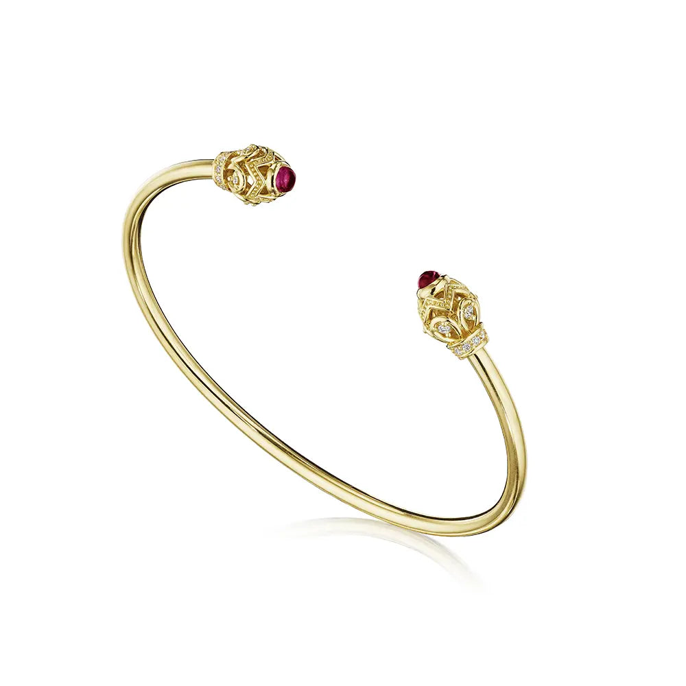 18K Yellow Gold Diamond and Rhodolite Toi Et Moi Bangle