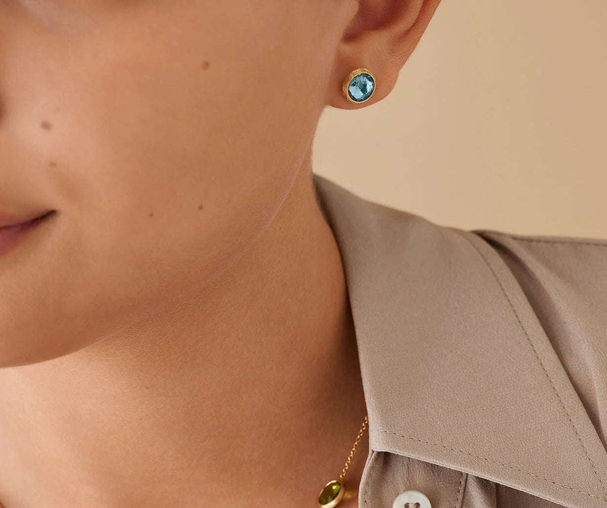 18K Yellow Gold Blue Topaz Stud Earrings, 0.37"