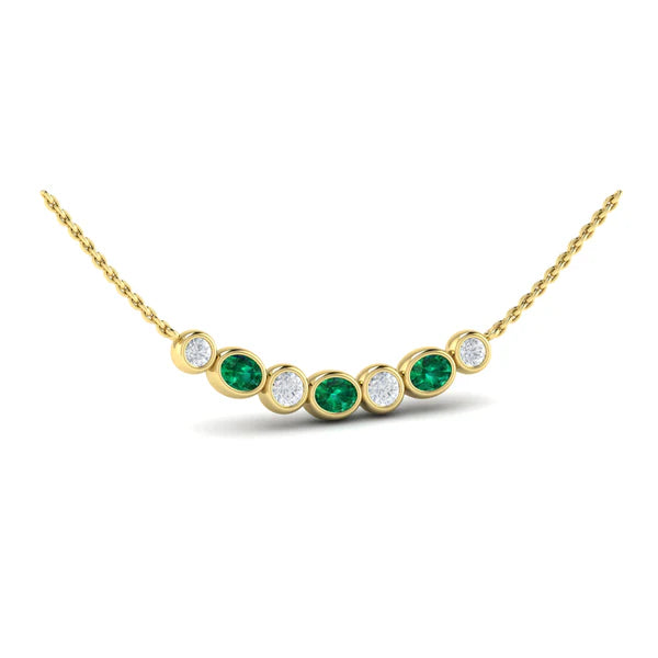 Diamond and Emerald Rounded Bezel Bar Pendant Necklace in 18K Yellow Gold