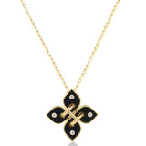 18K Yellow Gold Diamond & Black Ceramic Enamel Flower Pendant Necklace