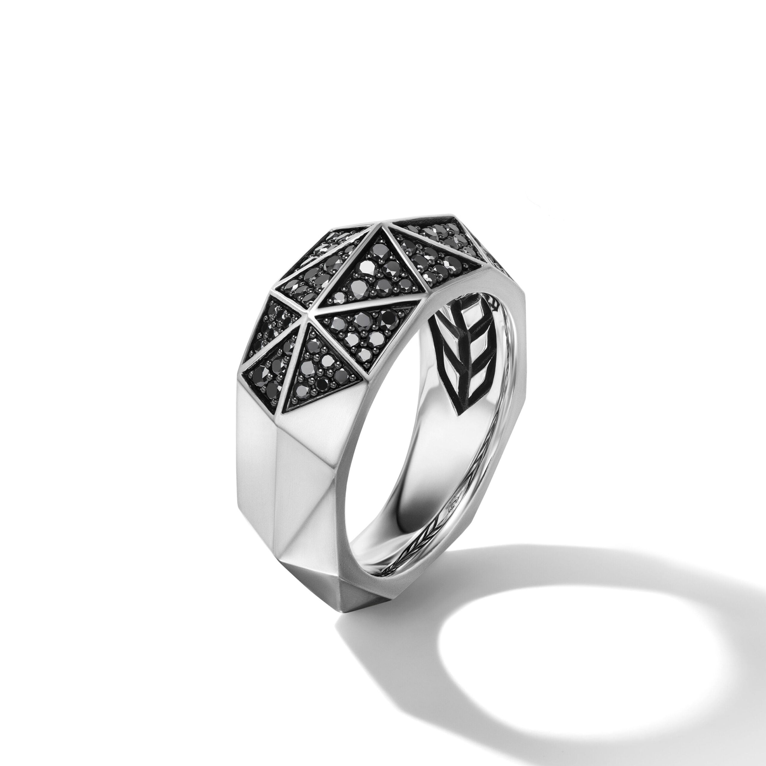 Torqued Faceted Signet Ring in Sterling Silver with Black Diamonds, 11.3mm