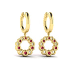 Diamond & Ruby Circle Drop Earrings in 18K Yellow Gold