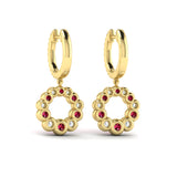 Diamond and Ruby Circle Drop Earrings in 18K Yellow Gold