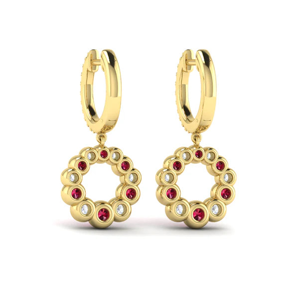 Diamond and Ruby Circle Drop Earrings in 18K Yellow Gold