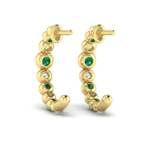 Diamond and Emerald Bezel Set Circle Hoop Earrings in 18K Yellow Gold