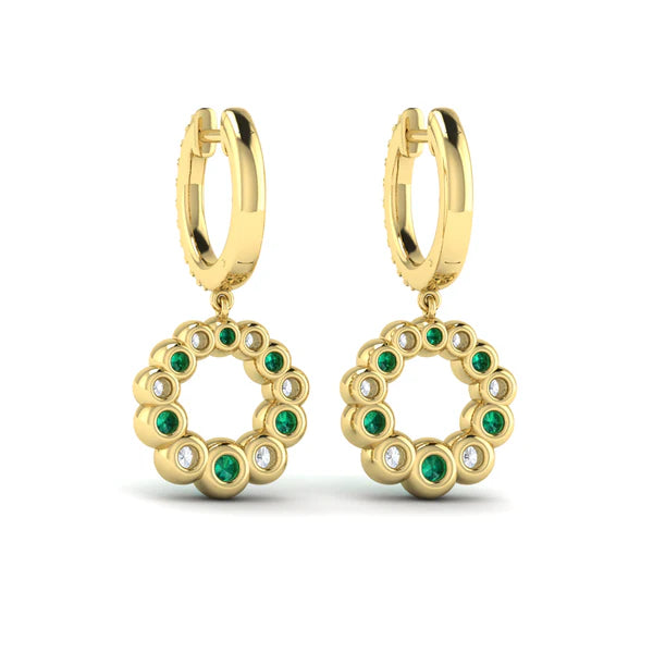 Diamond and Emerald Circle Drop Earrings in 18K Yellow Gold