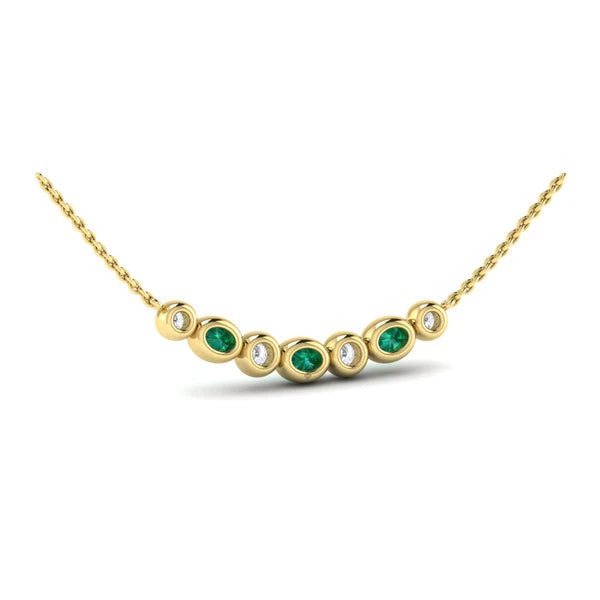 Diamond and Emerald Rounded Bezel Bar Pendant Necklace in 18K Yellow Gold