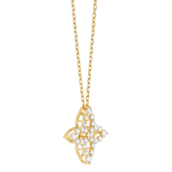 18K Yellow Gold Princess Diamond Flower Pendant in Yellow Gold, 18"