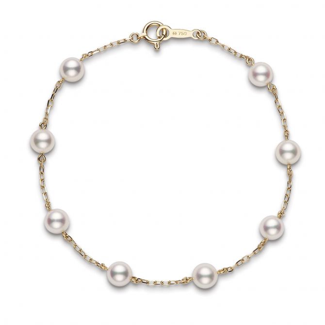 Akoya Cultured Pearl Station Bracelet in Yellow Gold, 7"