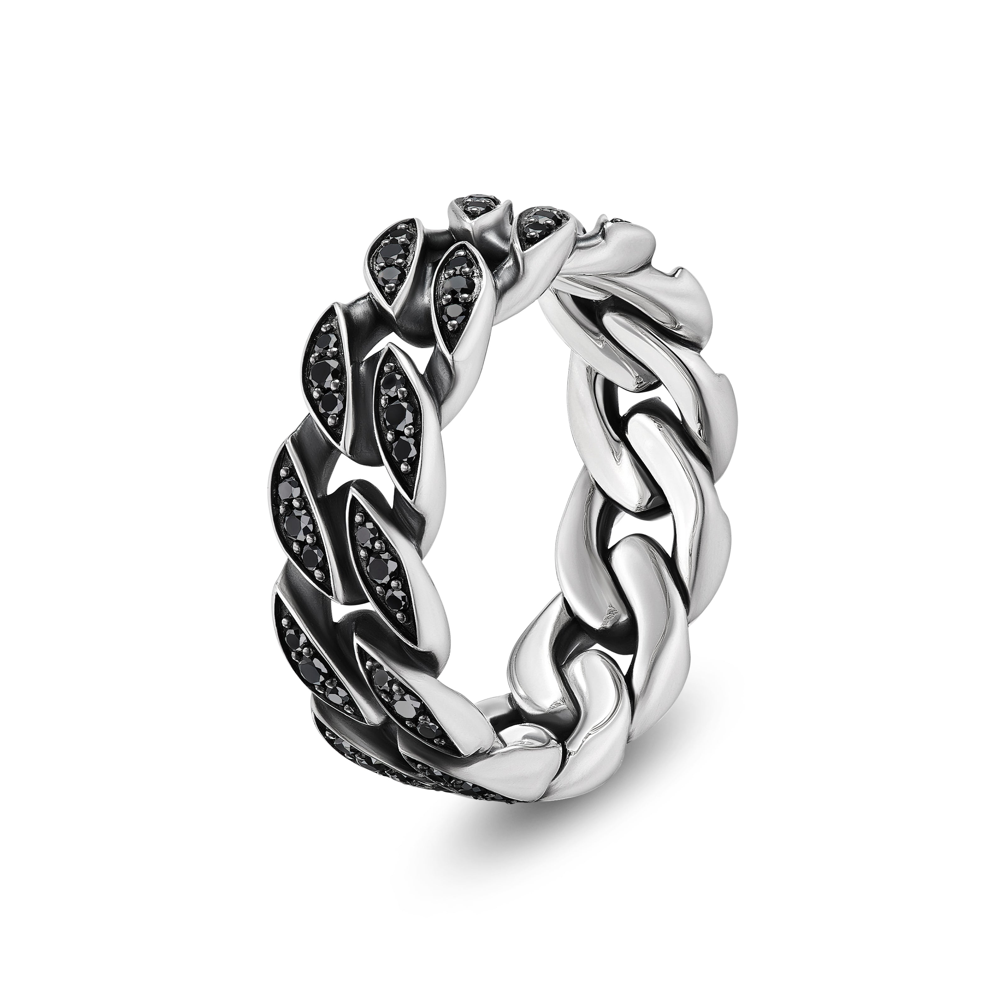 DY Sterling Silver Curb Chain Band Ring with Black Diamonds, 8mm