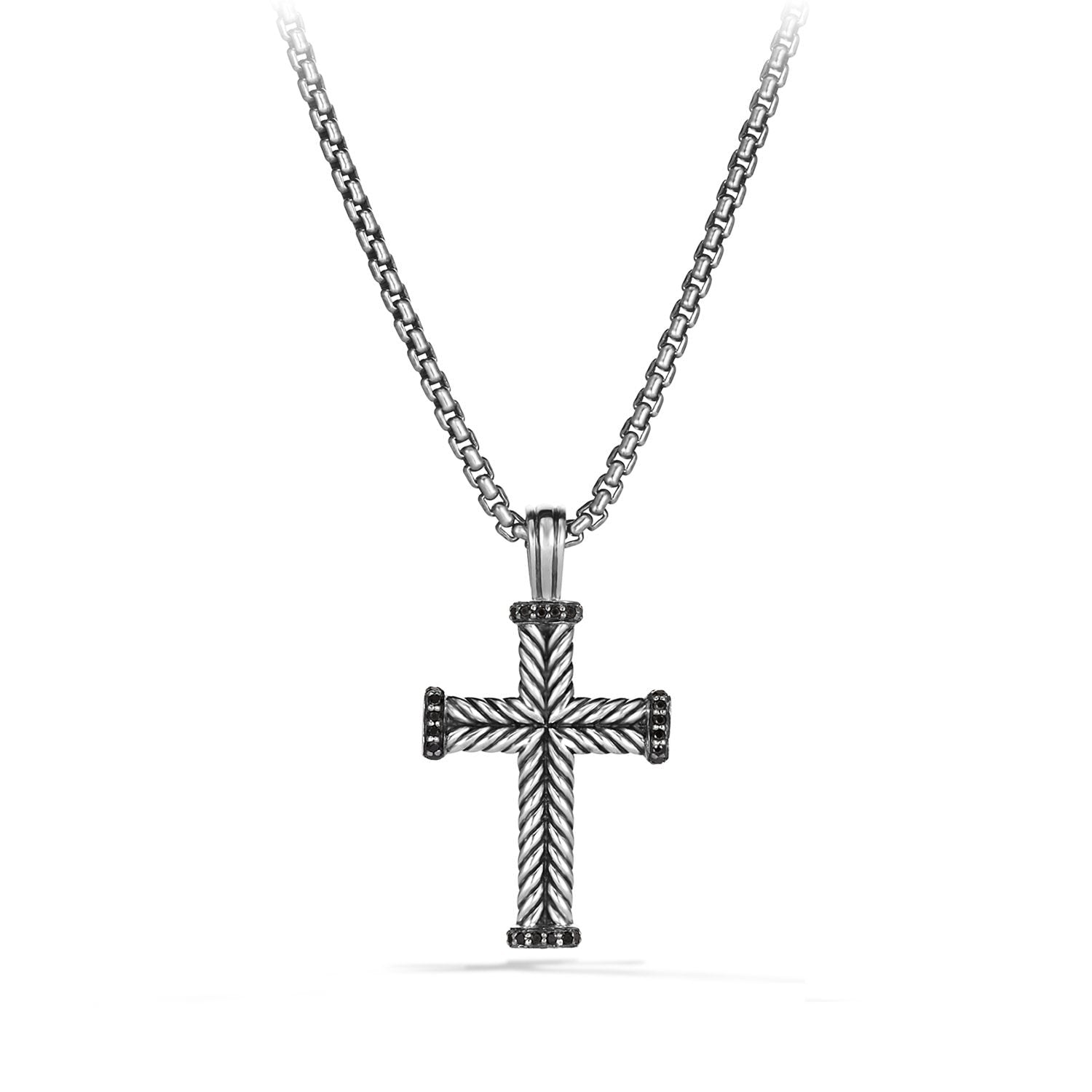 Chevron Cross Pendant in Sterling Silver with Black Diamonds, 33.5mm