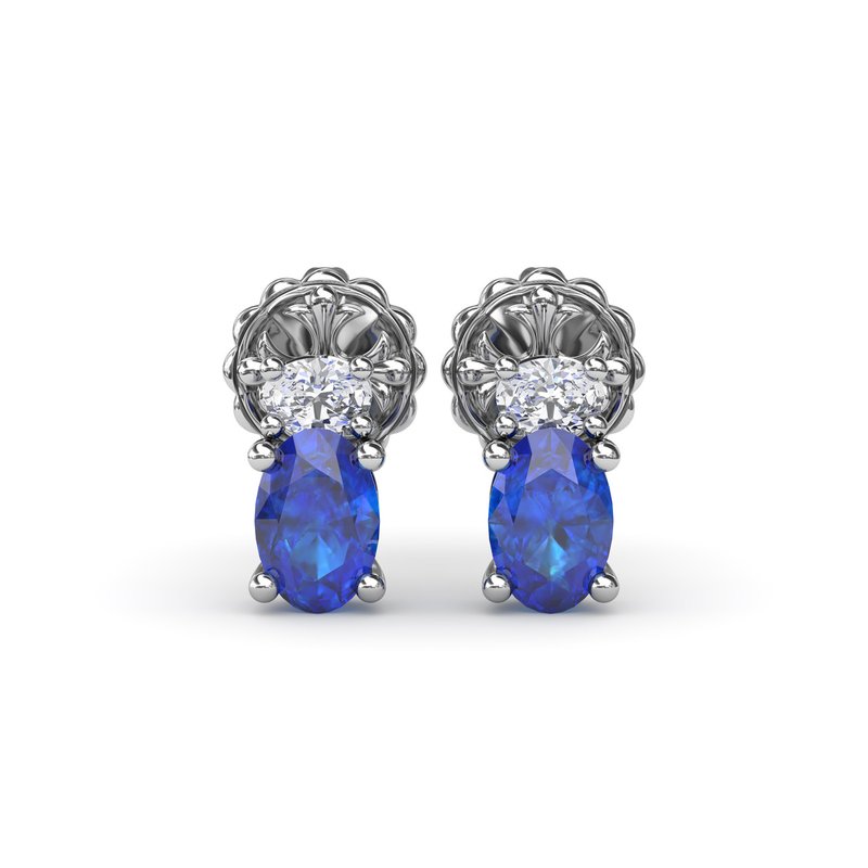 18K White Gold Oval Sapphire and Diamond Stud Earrings