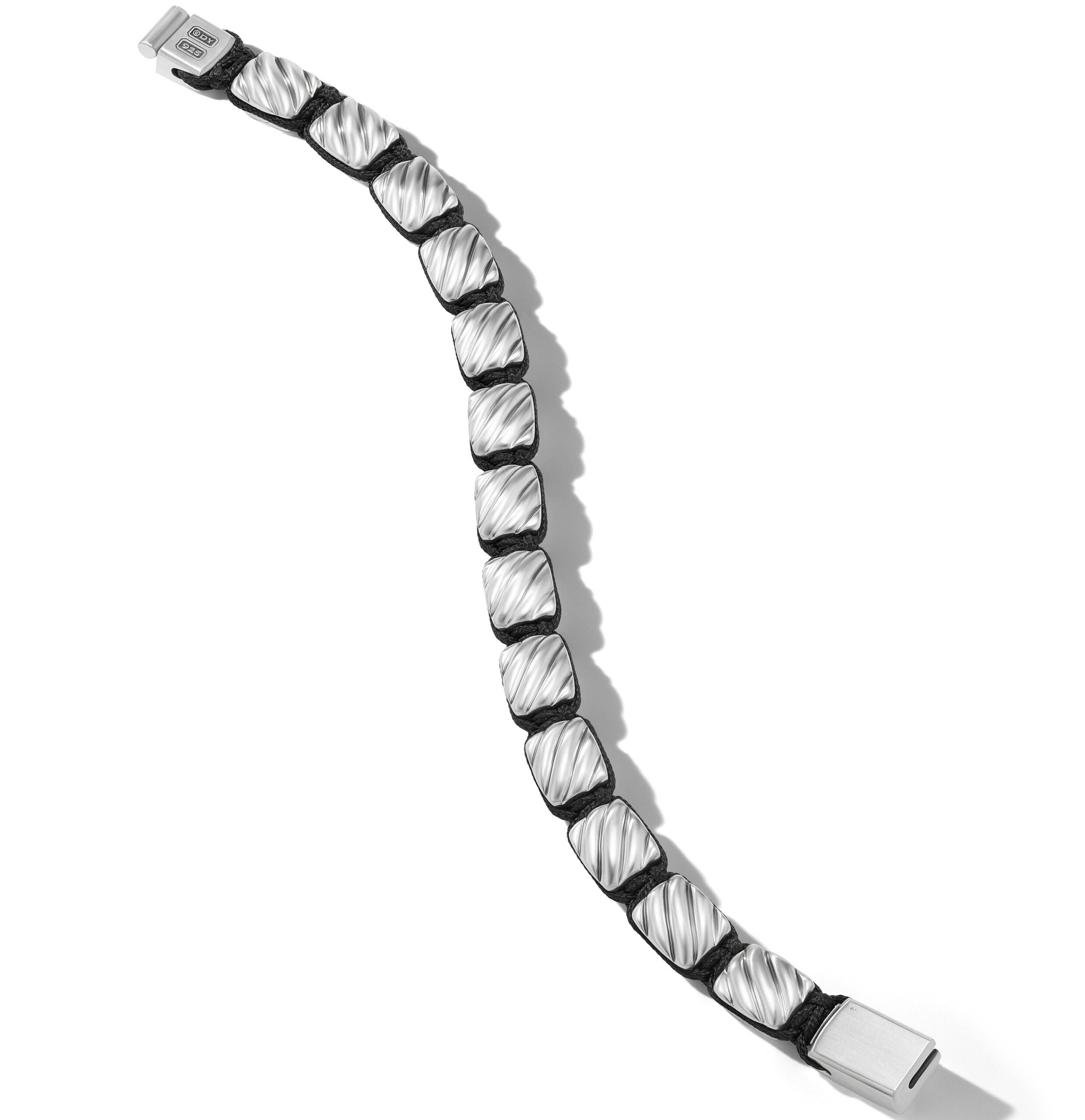 Sculpted Cable Woven Tile Bracelet with Sterling Silver and Black Nylon, 8.5mm