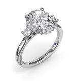 18K White Gold Three Stone Diamond Halo Semi-Mount Engagement Ring