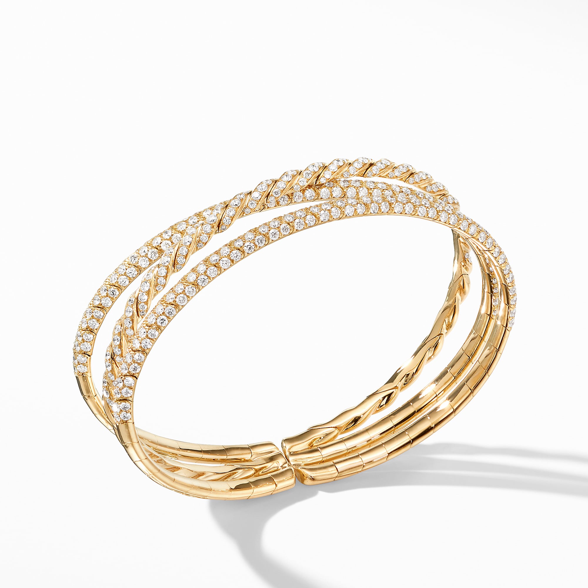 Sculpted Cable Flex Three Row Bracelet in 18K Yellow Gold with Diamonds, 21mm