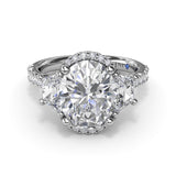 18K White Gold Halo Diamond Semi-Mount Engagement Ring with Trapezoid Side Stones