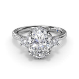 18K White Gold Three Stone Diamond Halo Semi-Mount Engagement Ring