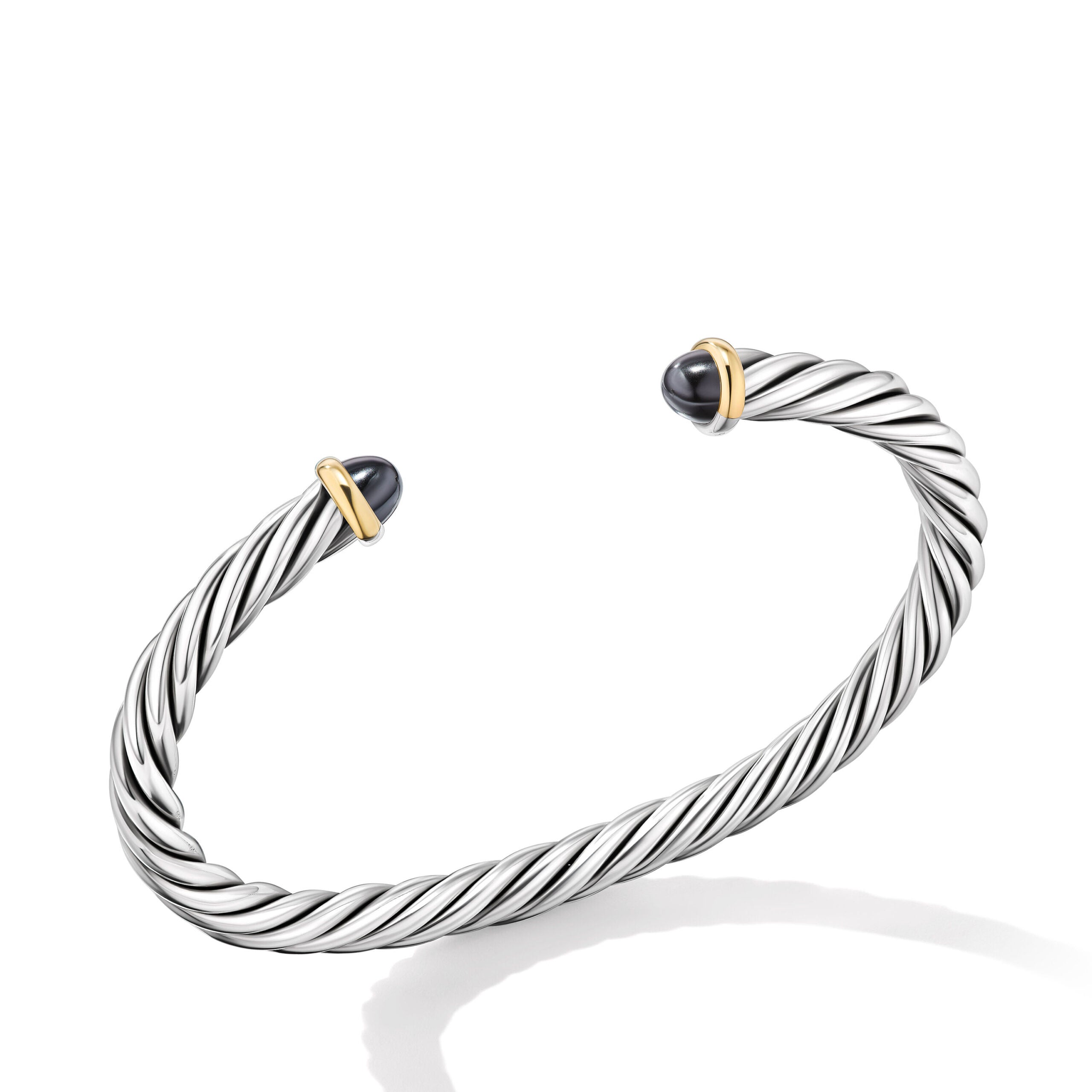 Cable Cuff Bracelet in Sterling Silver with 14K Yellow Gold and Hematine, 6mm