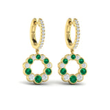 Diamond and Emerald Circle Drop Earrings in 18K Yellow Gold