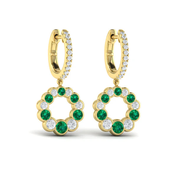 Diamond and Emerald Circle Drop Earrings in 18K Yellow Gold