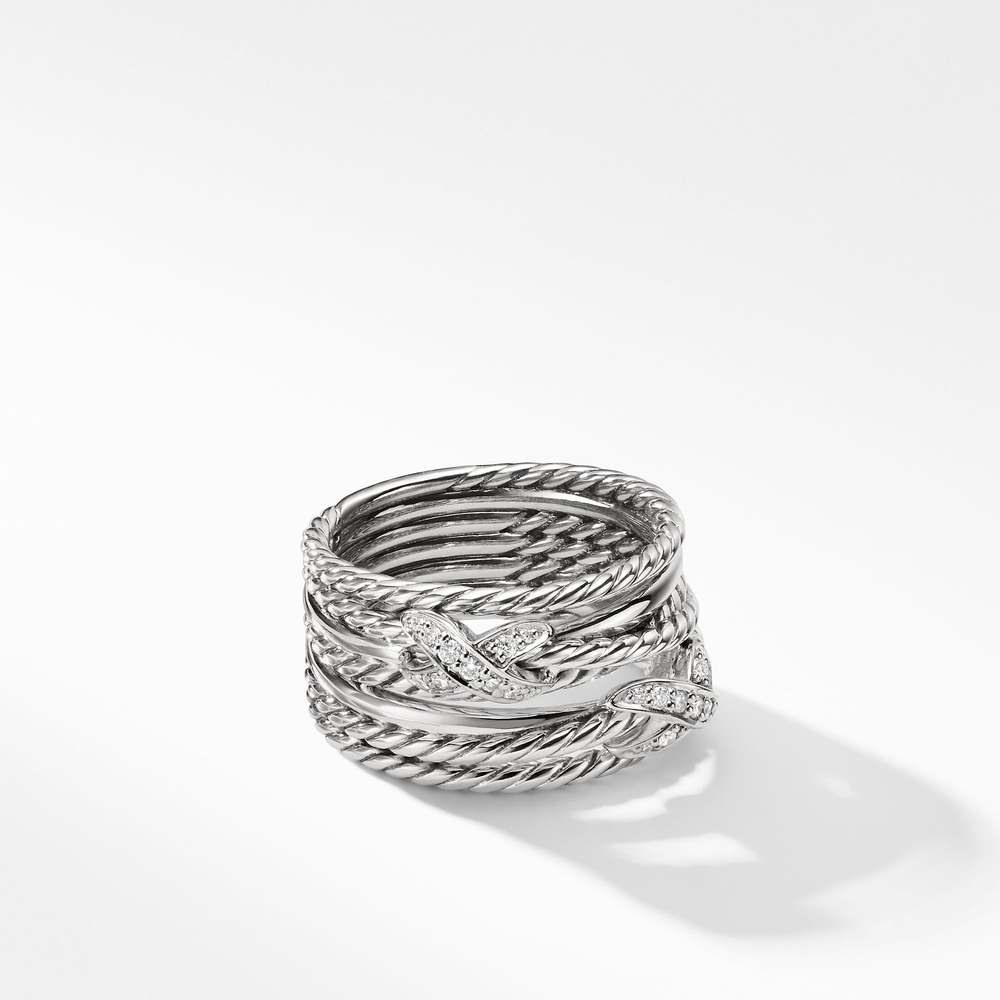 Double X Crossover Ring in Sterling Silver with Diamonds, 13mm