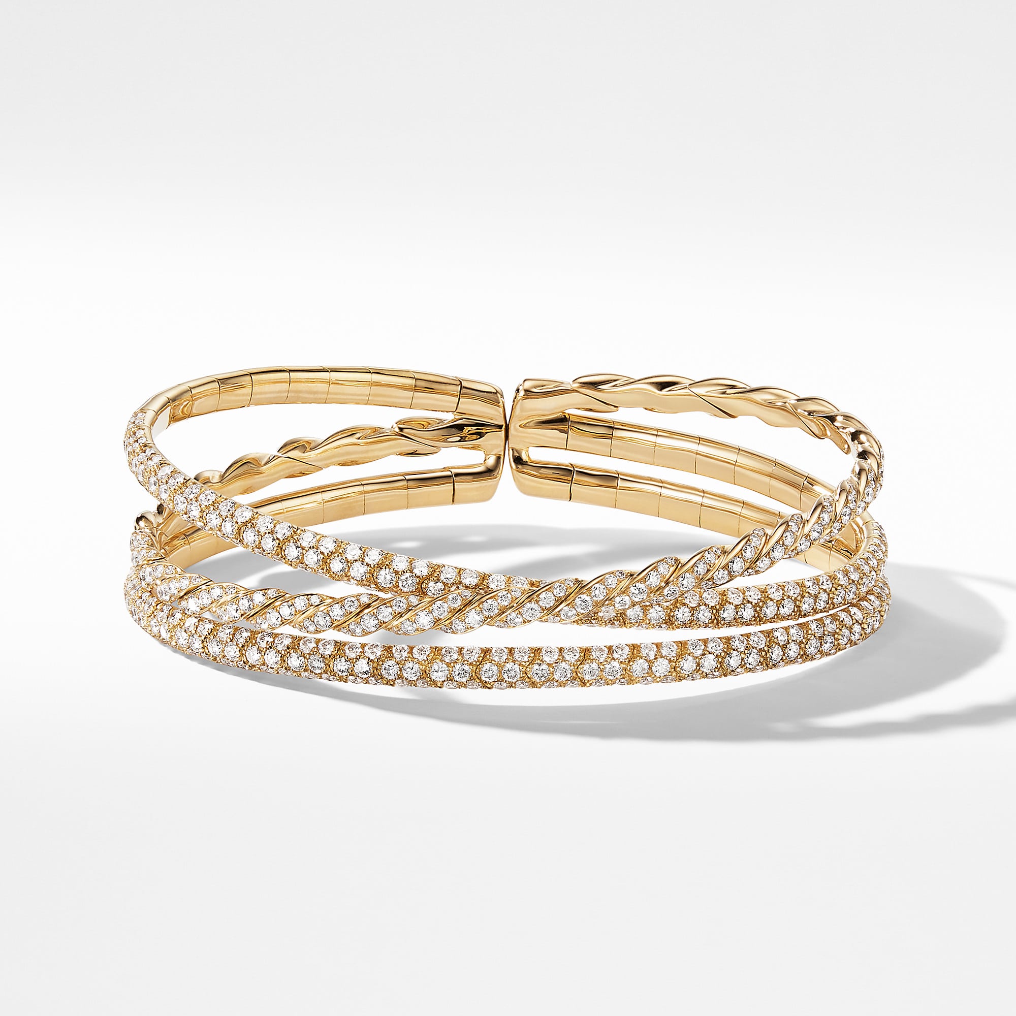 Sculpted Cable Flex Three Row Bracelet in 18K Yellow Gold with Diamonds, 21mm