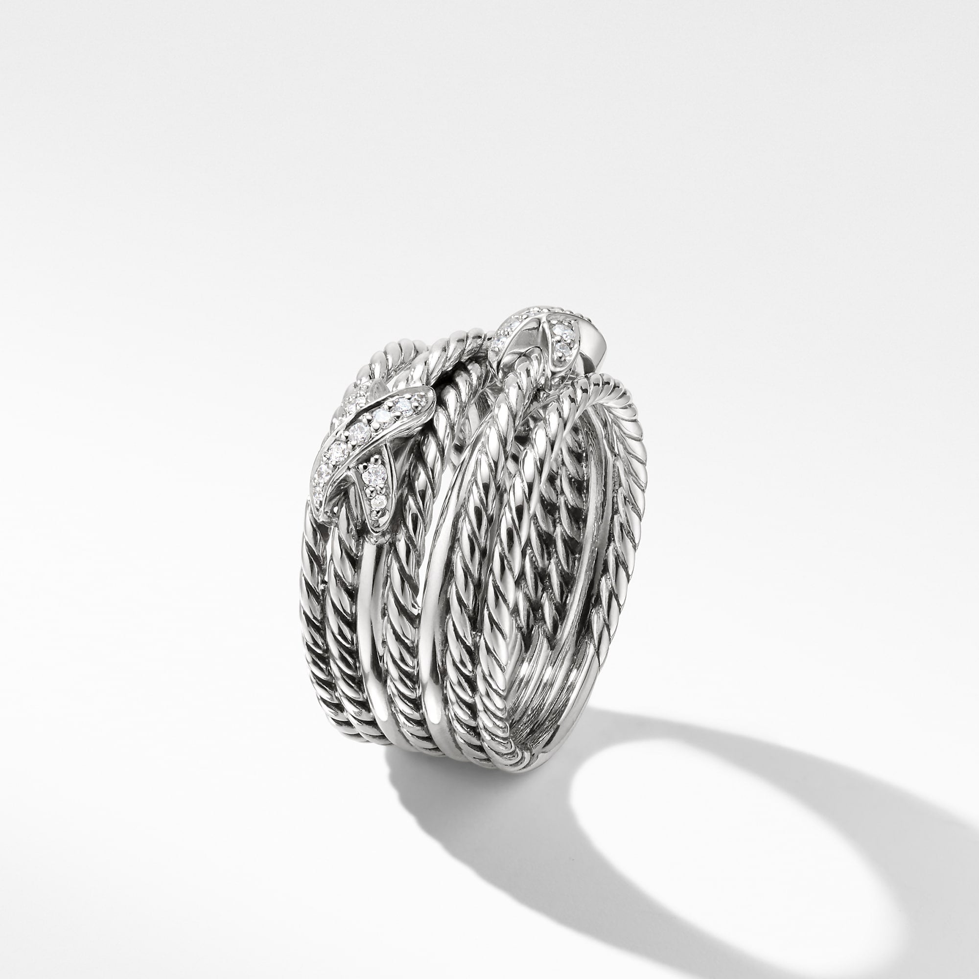 Double X Crossover Ring in Sterling Silver with Diamonds, 13mm