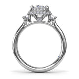 18K White Gold Three Stone Diamond Halo Semi-Mount Engagement Ring