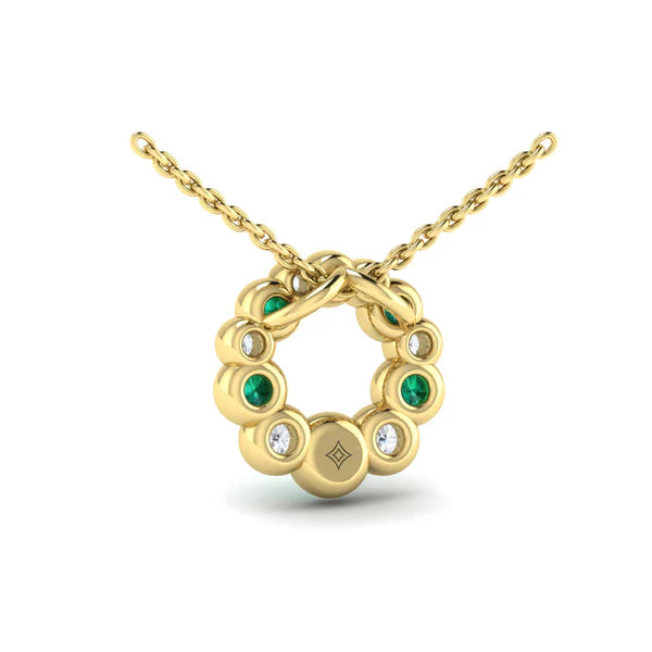 Diamond and Emerald Circle Bezel Pendant Necklace in 18K Yellow Gold