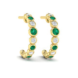 Diamond and Emerald Bezel Set Circle Hoop Earrings in 18K Yellow Gold