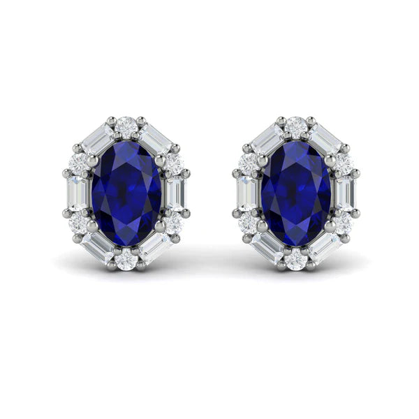 Adella Oval Sapphire and Diamond Baguette Earrings in 18K White Gold