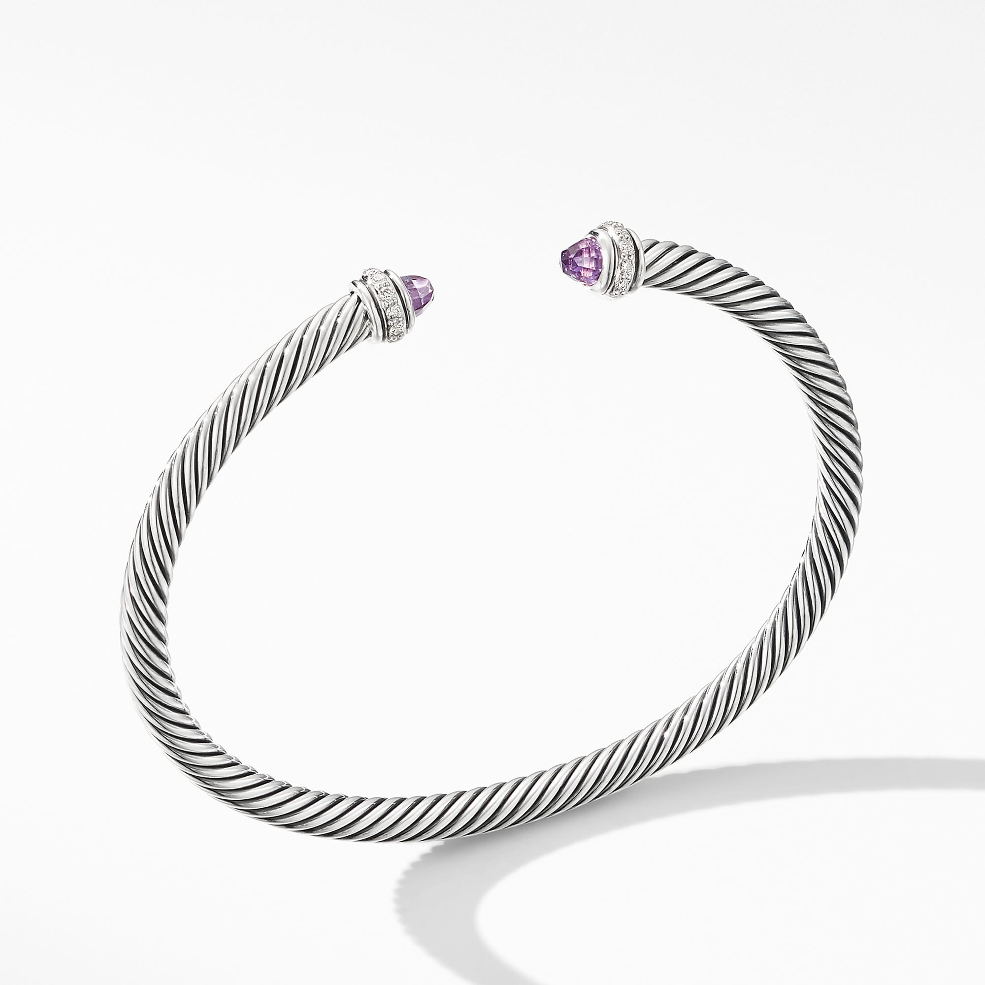 Classic Cable Bracelet in Sterling Silver with Amethyst and Diamonds, 4mm