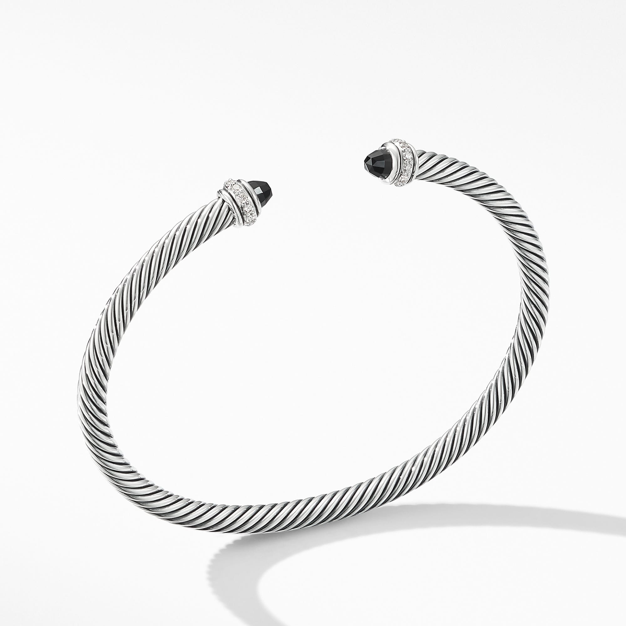 Classic Cable Bracelet in Sterling Silver with Black Onyx and Diamonds, 4mm
