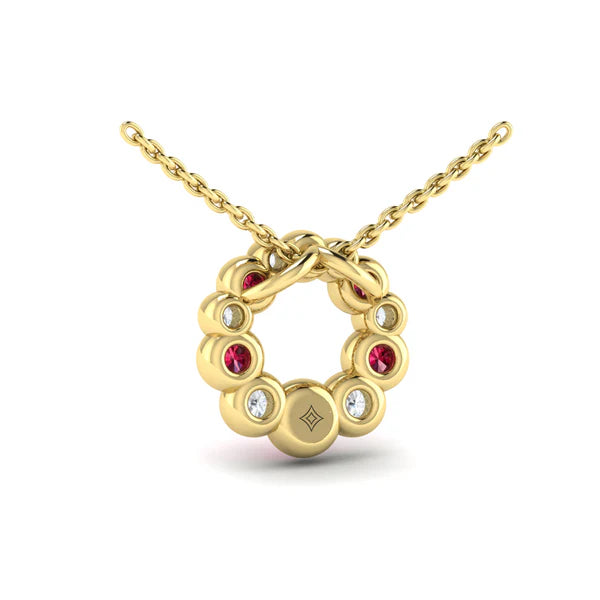 Diamond and Ruby Circle Bezel Pendant Necklace in 18K Yellow Gold