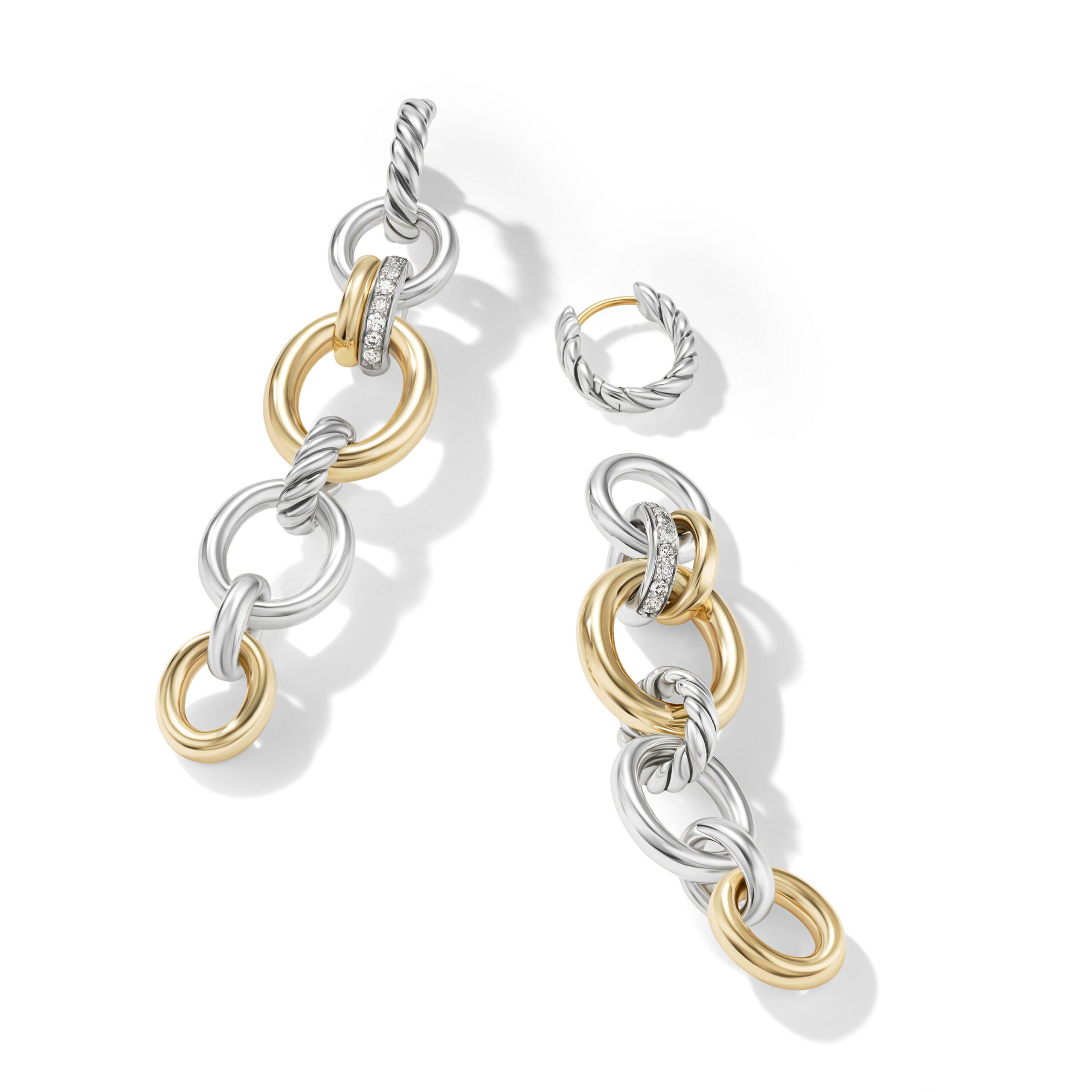 DY Mercer Linked Drop Earrings in Sterling Silver with 18K Yellow Gold and Diamonds, 68mm