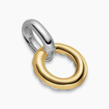 Two interlocking oval links in polished yellow gold and white metal with a smooth, rounded silhouette and high-shine finish. Back side of the amulet extender is sterling silver with a cable texture 