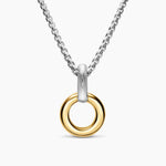 Two interlocking oval links in polished yellow gold and white metal with a smooth, rounded silhouette and high-shine finish. Back side of the amulet extender is sterling silver with a cable texture 