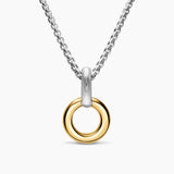 Two interlocking oval links in polished yellow gold and white metal with a smooth, rounded silhouette and high-shine finish. Back side of the amulet extender is sterling silver with a cable texture 