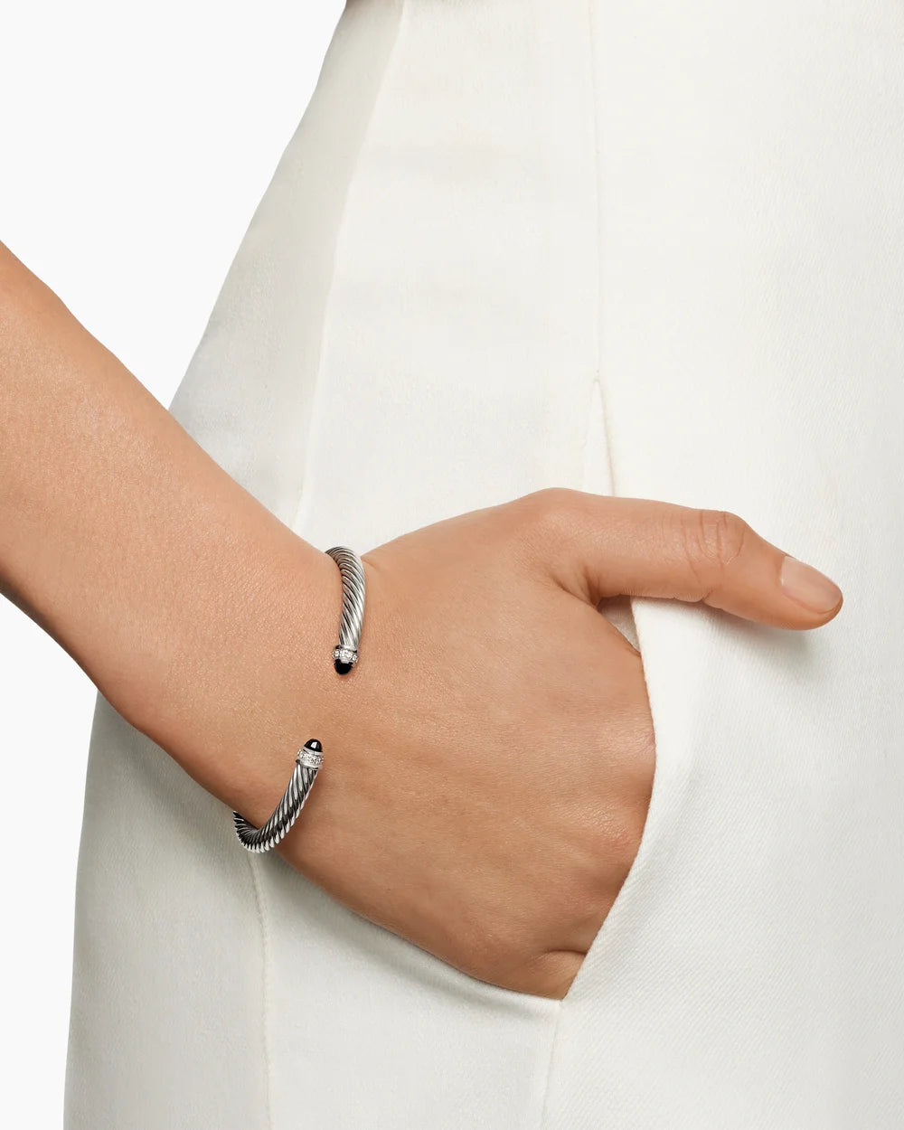 Classic Cable Bracelet in Sterling Silver with Black Onyx and Diamonds, 5mm