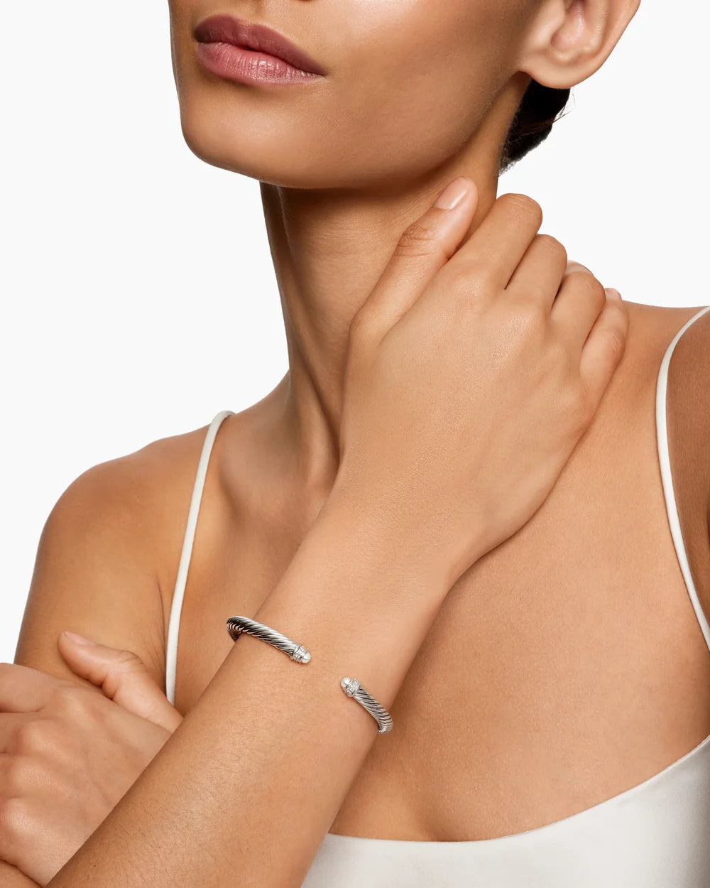 Classic Cable Bracelet Sterling Silver with Pearls and Diamonds, 5mm