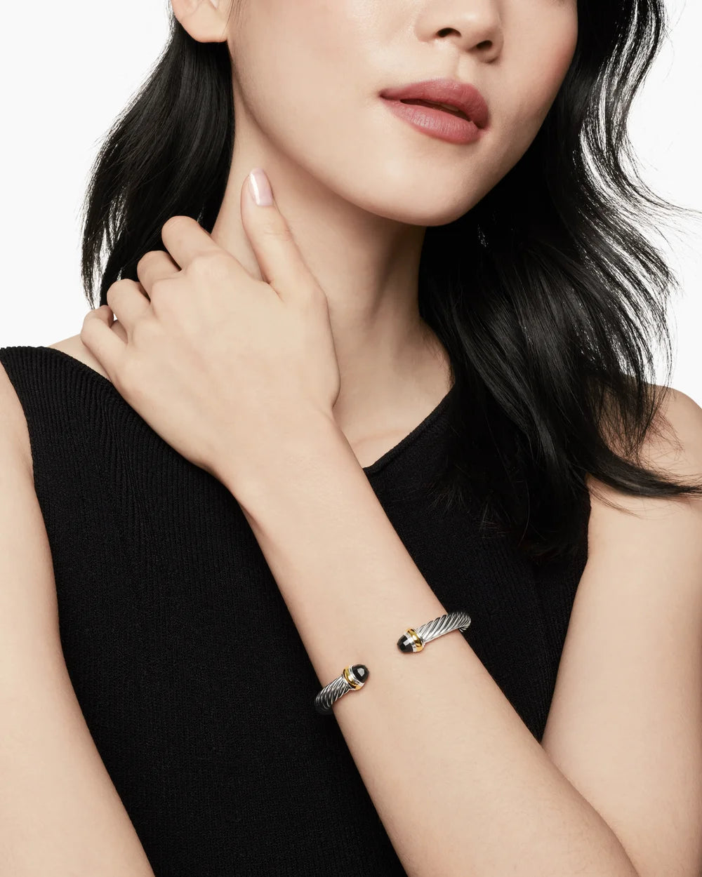 Classic Cable Bracelet in Sterling Silver with 14K Yellow Gold and Black Onyx, 7mm