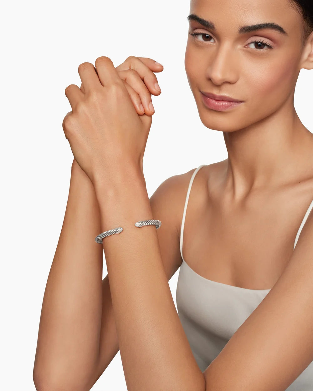 Classic Cable Bracelet Sterling Silver with Pavé Diamond Domes, 5mm