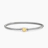 Sterling Silver Cable bracelet with a yellow gold heart in the center 