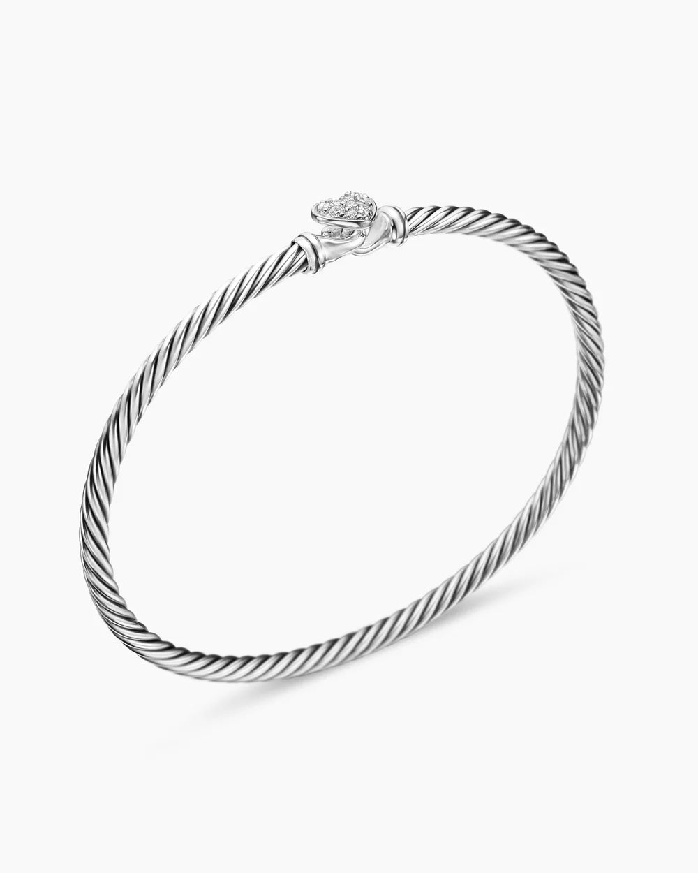 Classic Cable Heart Station Bracelet Sterling Silver with Pavé Diamonds, 3mm