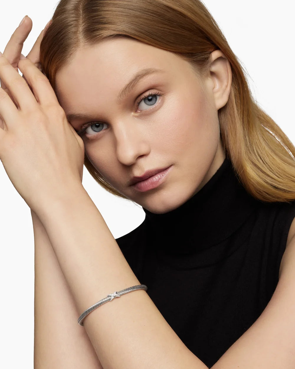 X Classic Cable Station Bracelet in Sterling Silver with Diamonds, 4mm