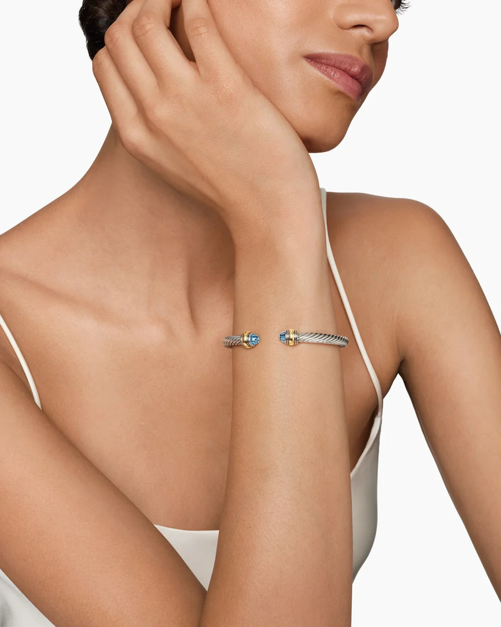Classic Cable Bracelet in Sterling Silver with 14K Yellow Gold and Blue Topaz, 5mm
