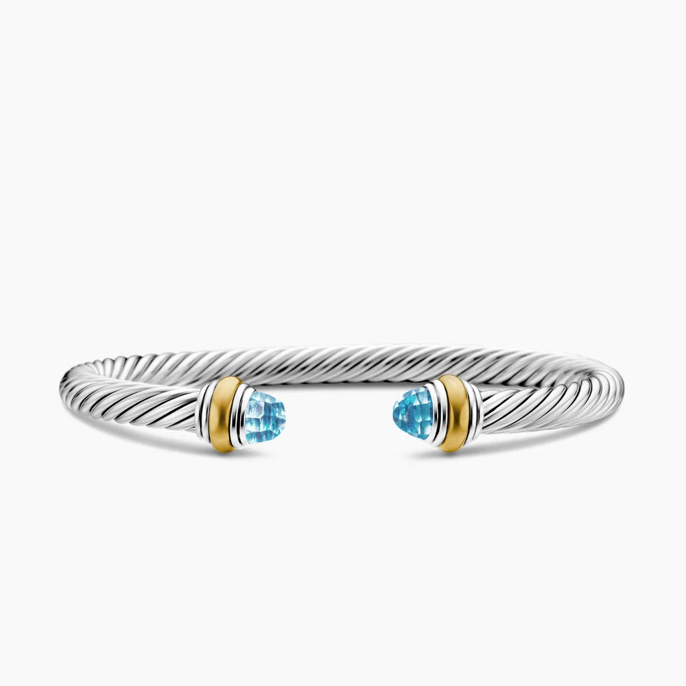 Classic Cable Bracelet in Sterling Silver with 14K Yellow Gold and Blue Topaz, 5mm